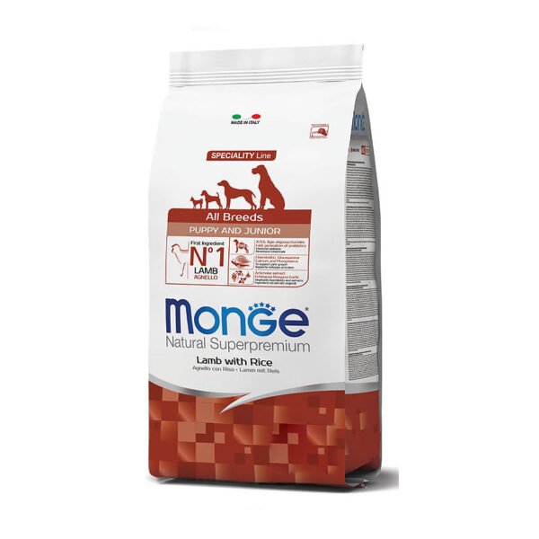 Monge Natural Superpremium All Breeds Puppy & Junior Lamb & Rice sausas maistas šuniukams