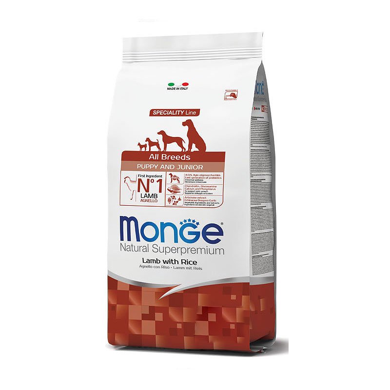 Monge Natural Superpremium All Breeds Puppy & Junior Lamb & Rice kuivtoit kutsikatele