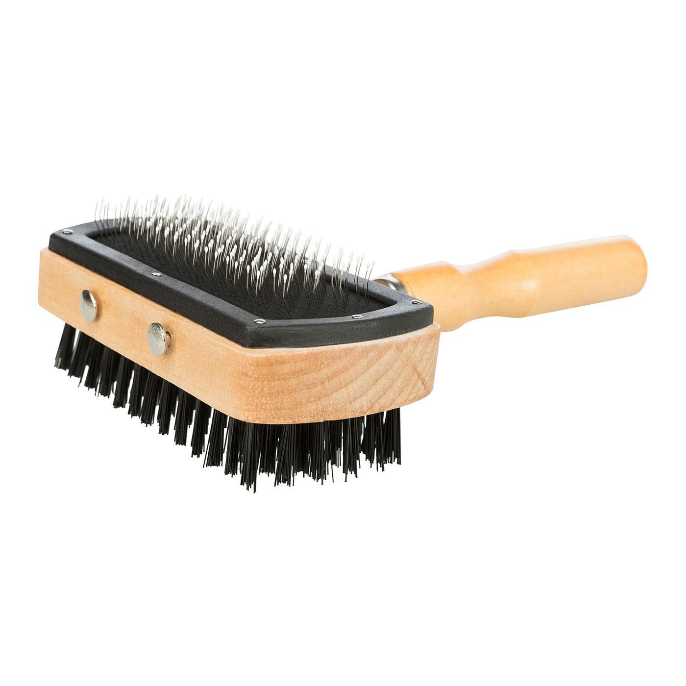 Trixie dvipusis medinis šepetys augintiniams, su metaliniais dantukais ir nailoniniais šereliais