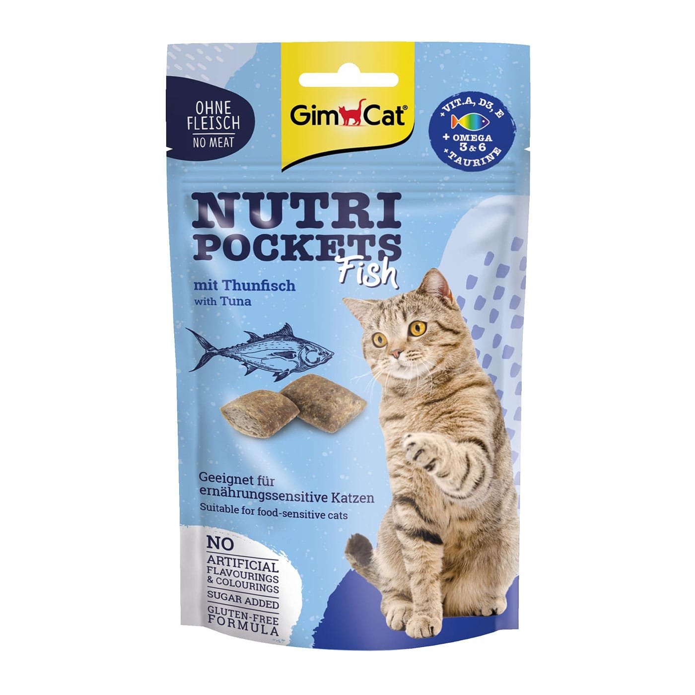 GimCat Nutri Pockets Tuna & Vitamins traškūs skanėstai katėms su įdaru, vieno baltymo sudėtis, 60 g