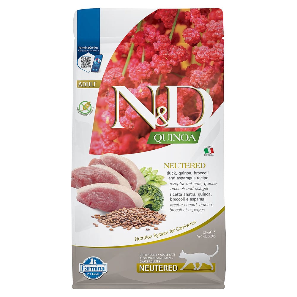 Farmina N&D Adult Neutered Duck, Quinoa, Broccoli & Asparagus sausas maistas katėms