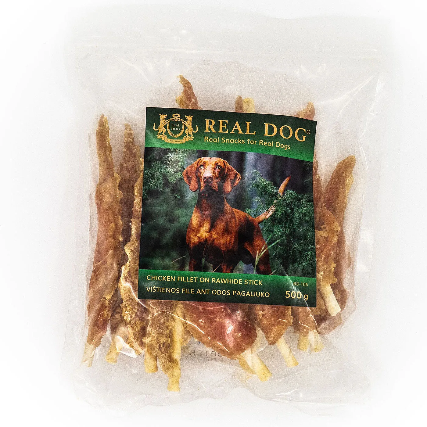 Real Dog skanėstai šunims, odos pagaliukai su vištienos filė mėsa, 500 g