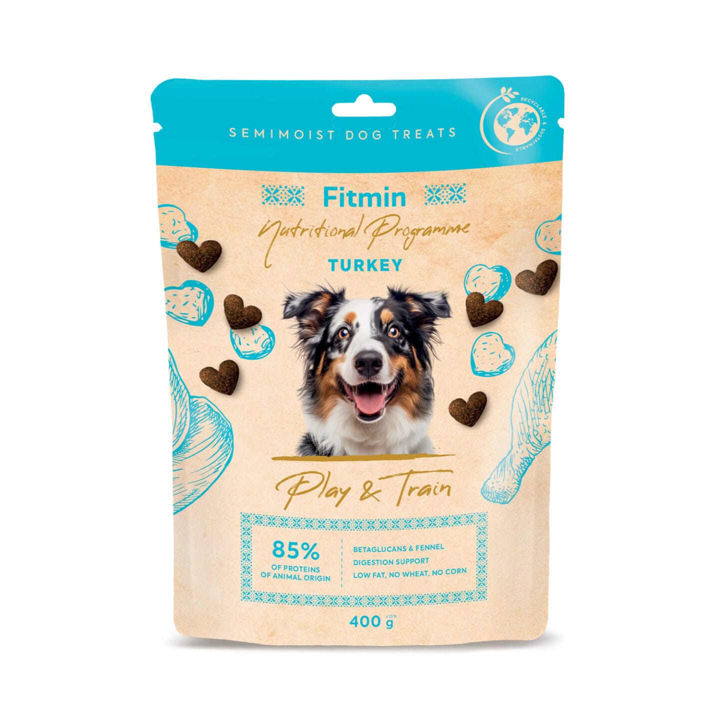 Fitmin Semimoist Play & Train Turkey šunų skanėstai dresūrai, 400 g